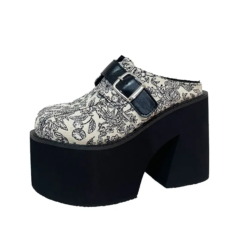 Viral Y2K Chunky Platform Mules for Women | Floral Print Slip On Clogs with Buckle Strap | 4.3" Extreme High Block Heel Grunge Cottagecore Aesthetic Shoes | Bratz Style Statement Footwear