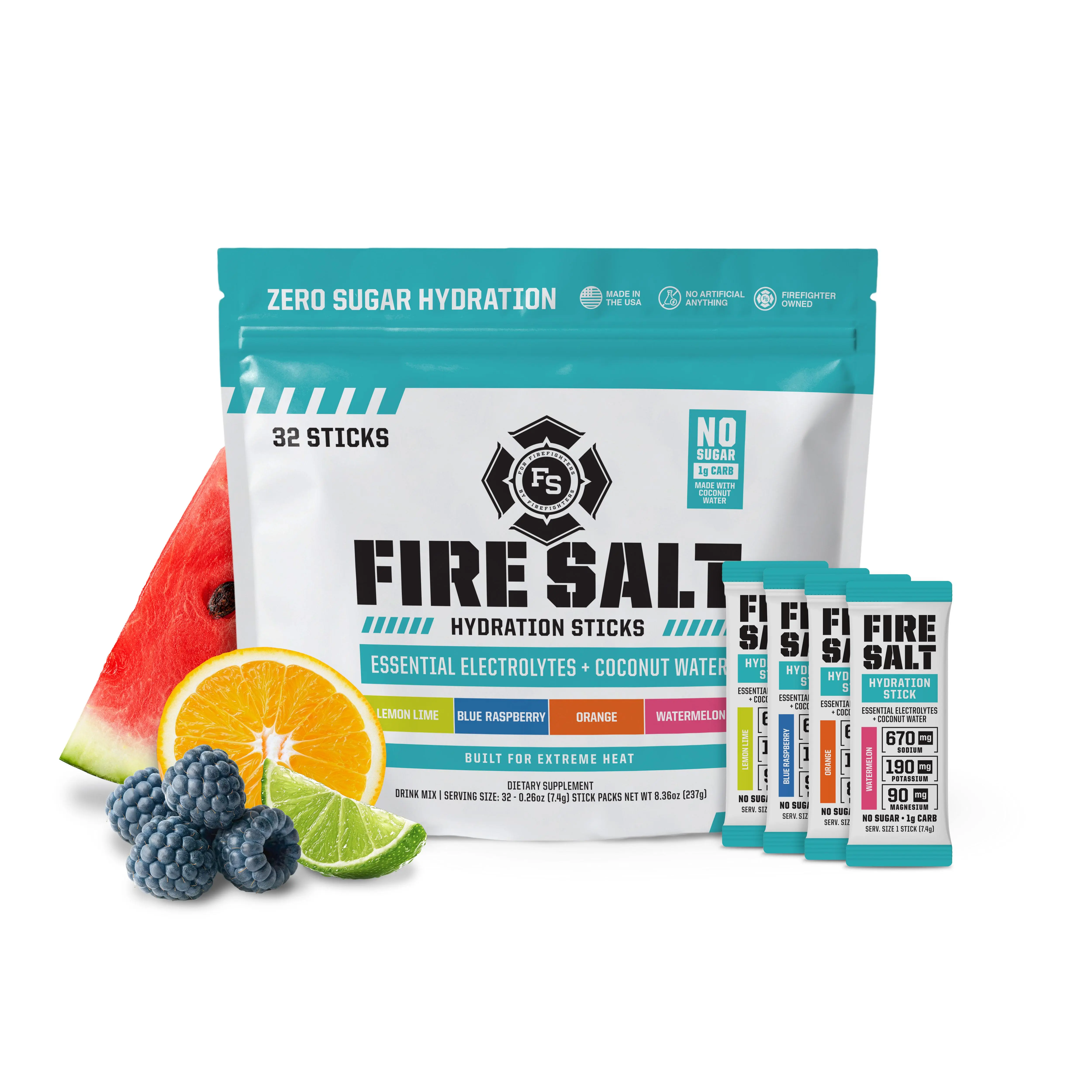 Fire Salt Electrolyte Powder Packets 32-Pack – Zero Sugar Hydration Drink Mix with Coconut Water & 3X Electrolytes – Variety Flavor Sticks for Workout, Recovery, Sauna, Endurance & Outdoors – Keto Friendly, Natural Ingredients, No Artificial Sweeteners