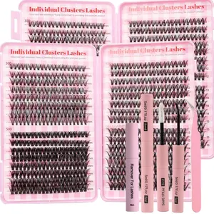 2 boxes of 1280 eyelash extension kits, Individual lash kit - combination eyelashes with D-curled single eyelashes, eyelash clusters, eyelash bonding and sealing, and tweezers - mixed 9-16mm eyelash extension kit for DIY eyelash extension