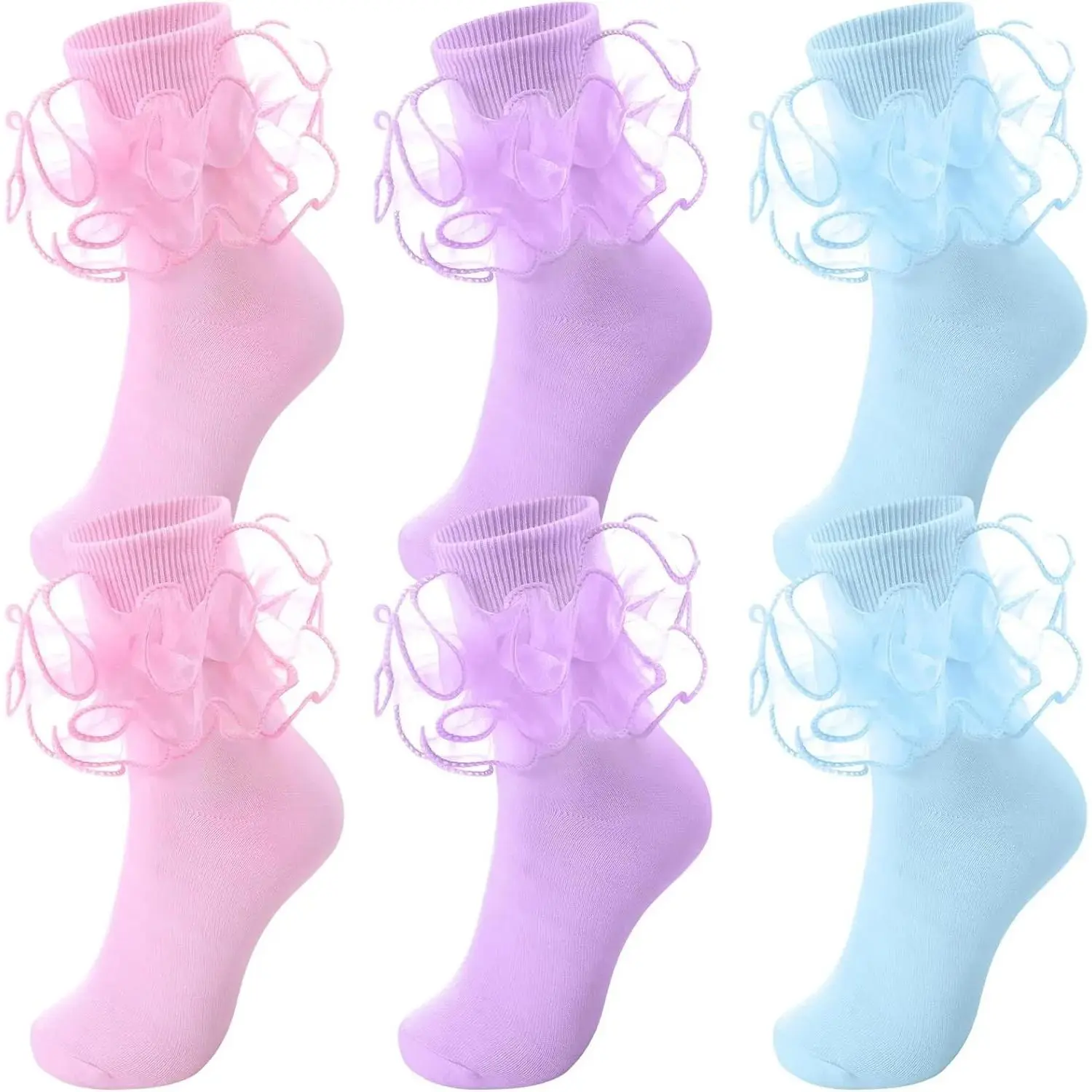 3 Pairs Women Big Ruffle Socks Turn Cuff, Double Lace Ankle Socks for Woman Cotton Lace Frilly Socks for Ladies