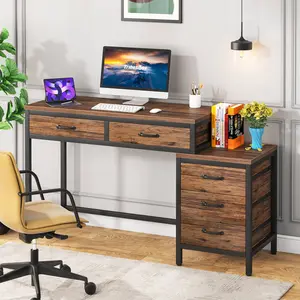 Computer Desk with 5 Drawers, Home Office Desks with Reversible Drawer Cabinet Printer Stand, Industrial PC Desk with Storage, Rustic Study Writing Table Workstation for Small Spaces