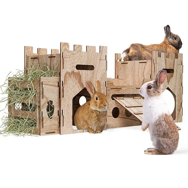 HIIMALEX Extra Large Sturdy Wood Bunny Castle House - 2-Story Climbing Tower, Whimsical Design, Hay Feeder, Anti-Slip Ramp, Ventilated Habitat with Tunnel Enclosure for Rabbits, Play Area & Habitat Decor