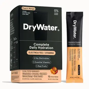 DryWater Complete Daily Hydration (12 Pack) - Peach Mango. 6 Electrolytes + 5 Vitamins + 1 Amino Acid. No Added Sugar, Nothing Artificial, Real Fruit, Vegan, Gluten Free - (12 Stick Packs)