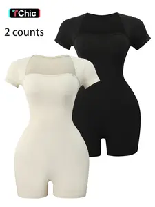 Women's High Elasticity Sports Jumpsuit, Square Neck Tight Fit Short Sleeve Gym Yoga, Outdoor Training Wear, Workout Jumpsuit, Sportswear Jumpsuits