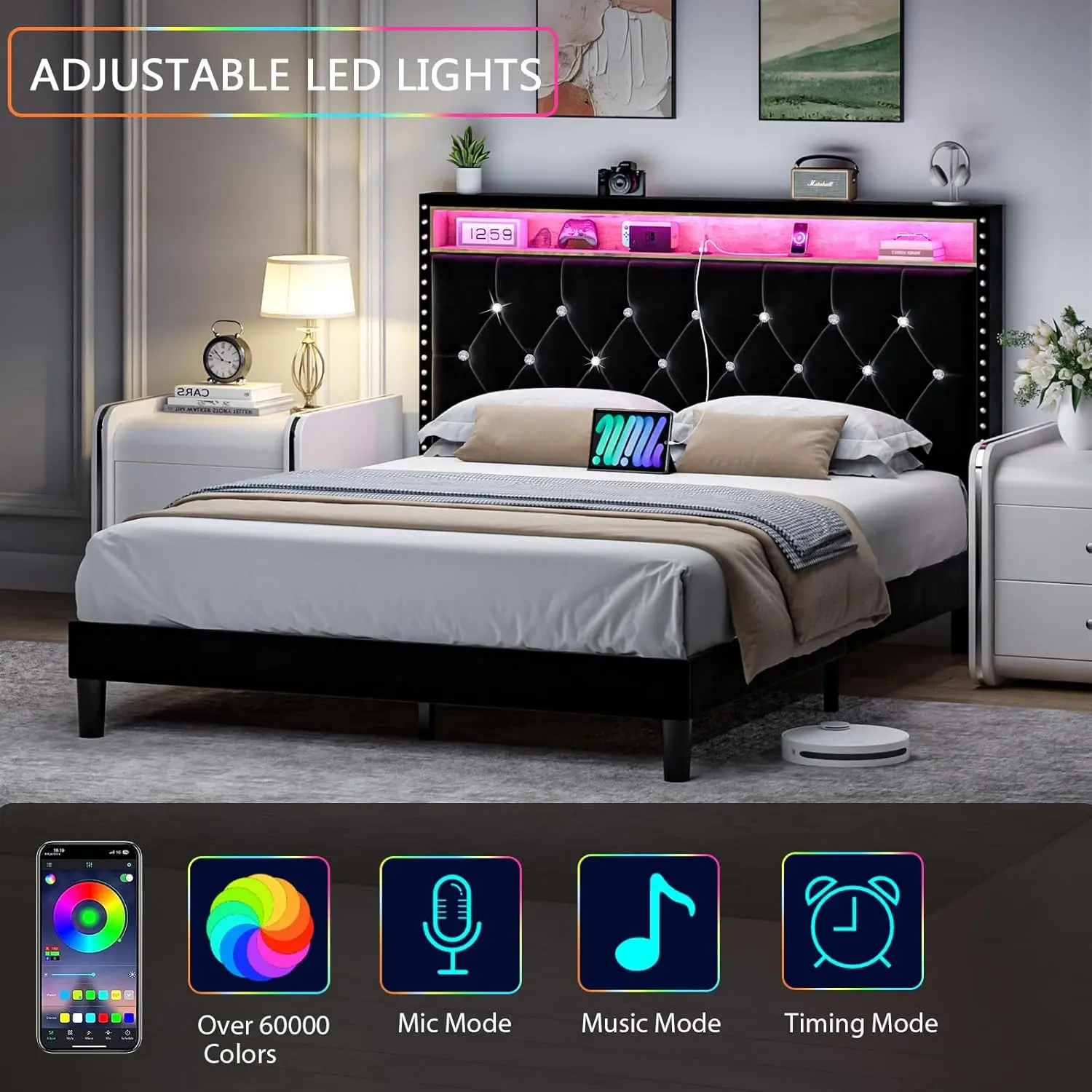 [Summerwins] HOMBCK Bed Frame with Led Lights, Mattress not included, Upholstered Platform  Bed Frame with Diamond Tufted, No Box Spring Needed, Noise-Free #summer garden,fathers day gift ideas