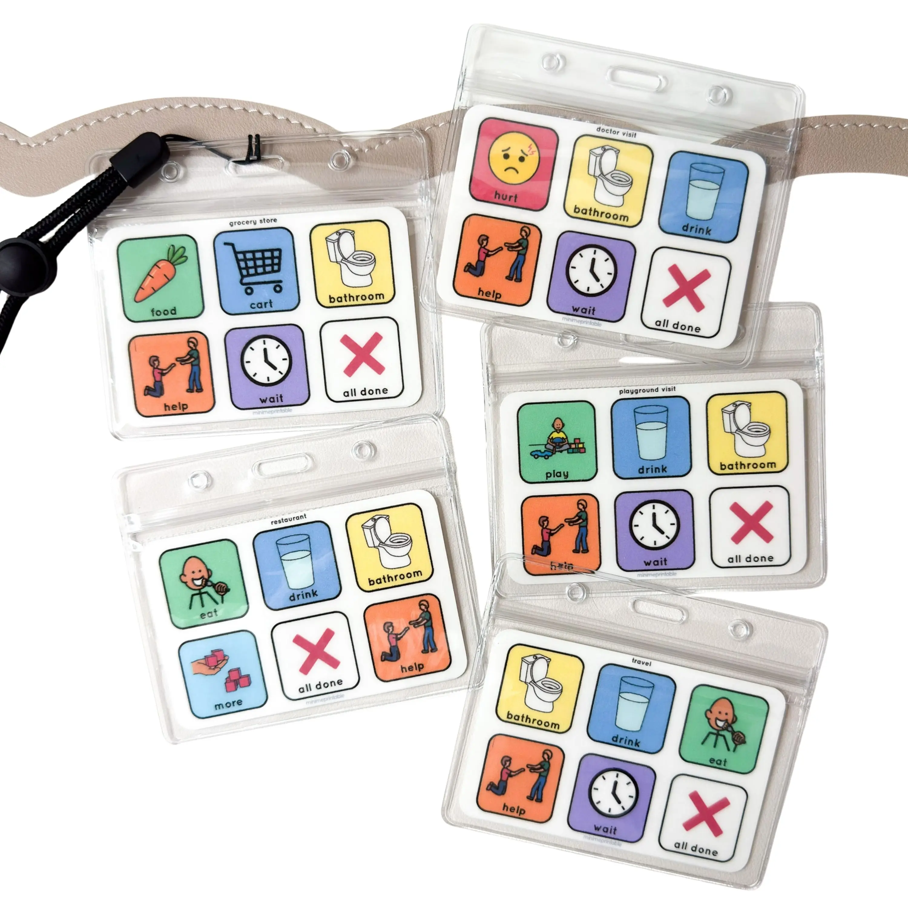 Mini AAC Communication Board: Location + Emotions Double-Sided, Laminated with ID Badge Holder + Neck or Wrist Lanyard
