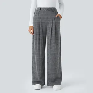 Halara High Waisted Side Pocket Wide Leg Houndstooth Plaid Casual Pants#TikTokShopBacktoSchool