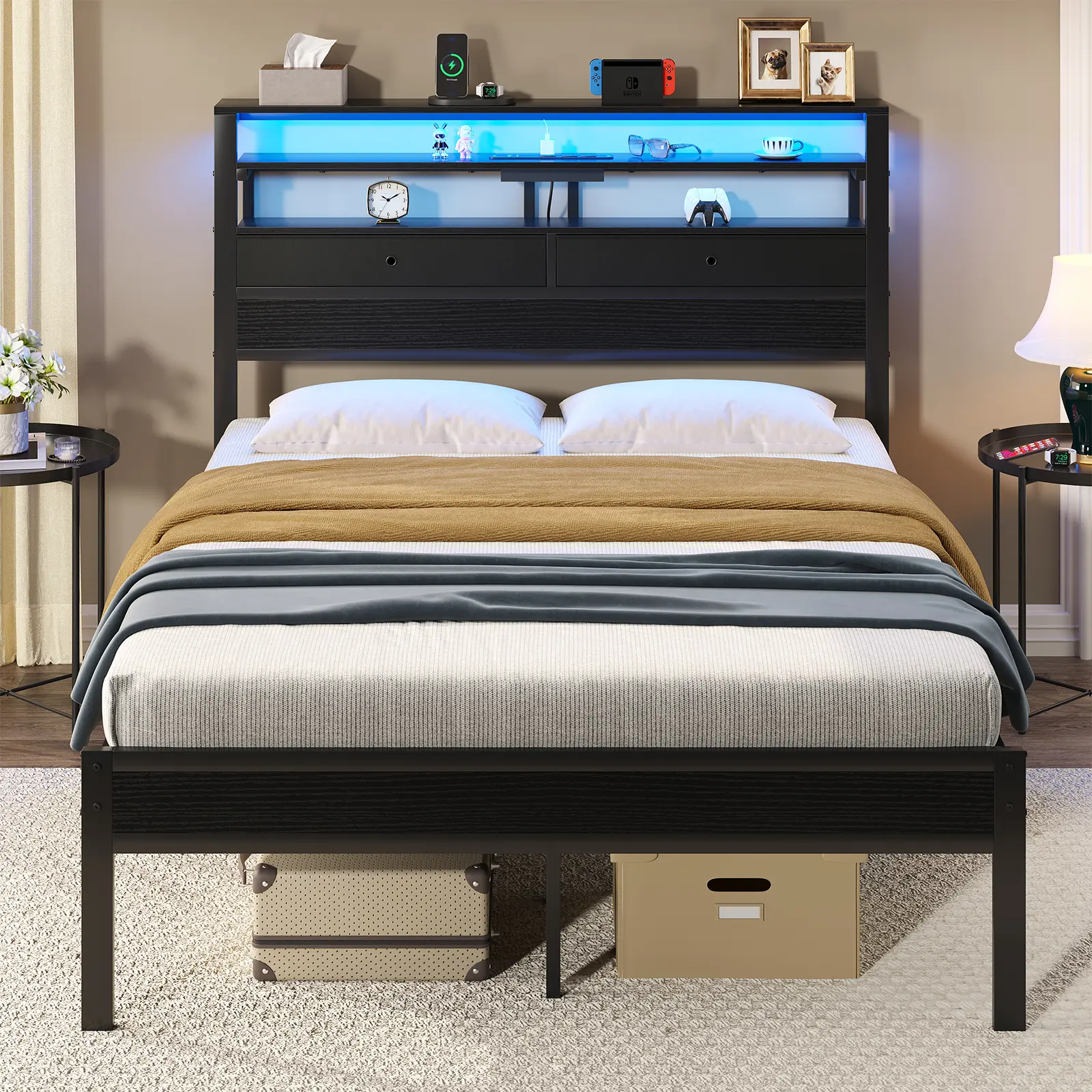 Platform Bed Frame with Charging Station, LED Lights, Wood Headboard, 2 Fabric Drawers and Storage Shelves, Metal Slats, No Box Spring Needed
