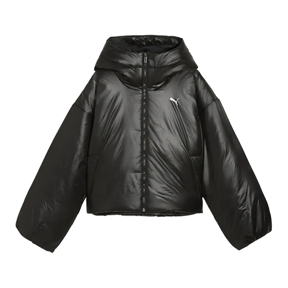 PUMA Womens Wardrobe Essentials Shiny Hooded Padded Jacket Athletic Outerwear Casual - Black