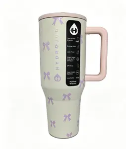 HydroJug 40oz Stylish Coquette Bow Print Leakproof Insulated Stainless Steel Travel Tumbler with Handle & Straw, Keeps Drinks Cold 24hrs, Girly Aesthetic Cup for Car & Everyday Use Water Bottle