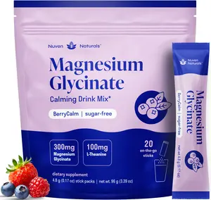 Magnesium Glycinate Powder + L-Theanine | 20 Sticks/Servings | 300 mg p/Stick High Absorption Chelated Magnesium Powder for Sleep - Mixed Berry Flavor, No Sugar, Support Restful Sleep & Relaxation