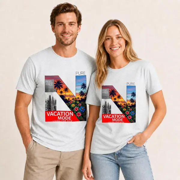 CARPESUN, Vacation Mode, T-Shirt, Tropical Palm Tree Sunset Graphic Design, Soft Cotton Blend, Unisex Couples Beach Holiday Wear, Single Pack