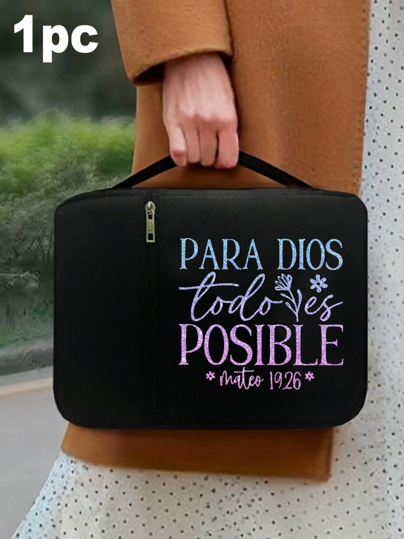 Bible bag with pink and blue gradient letters, Bible cover, Bible folder, portable storage bag, standard size Bible bag with zipper and pockets, Portable Travel Organizer, for Bible study, Bible cover
