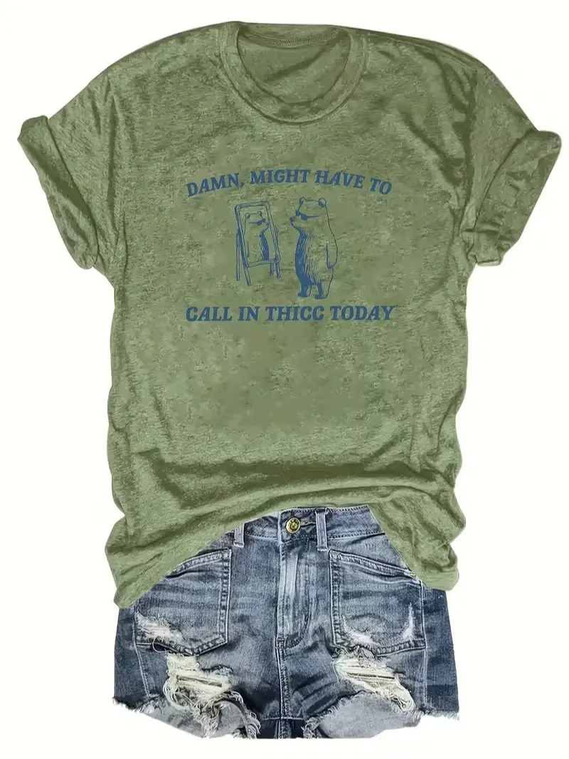 Funny Call In Thicc Today Bear Graphic T-Shirt For Women, Cool Sunglasses Bear Mirror Selfie Line Print Crew Neck Short Sleeve Tee, Casual Humor Loose Fit Daily Summer Top
