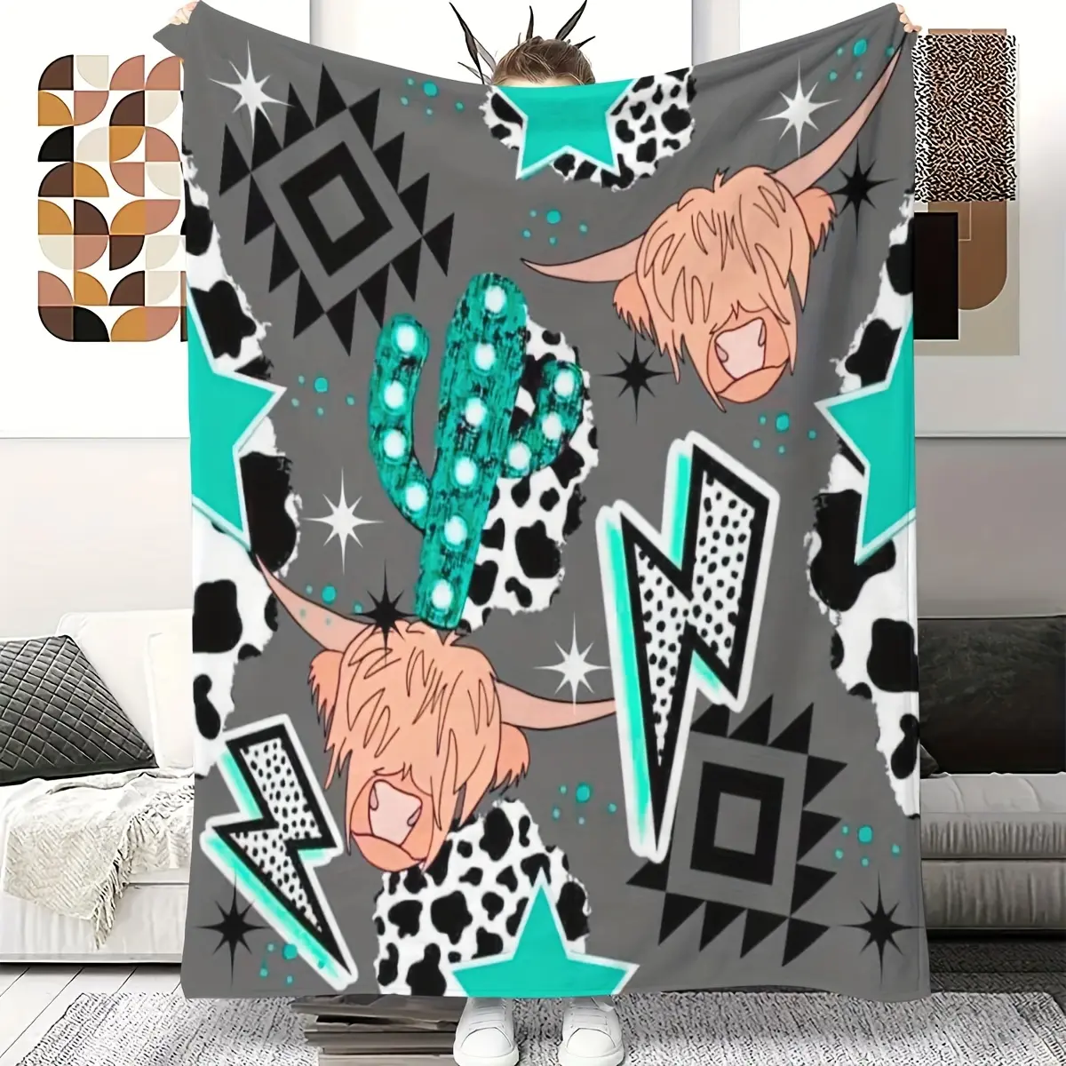 Western Style Blanket, Yak Cactus Print Flannel Blanket, Soft Warm Throw Blanket Nap Blanket For Couch Sofa Office Bed Camping Travel, Multi-purpose Gift Blanket For All Season