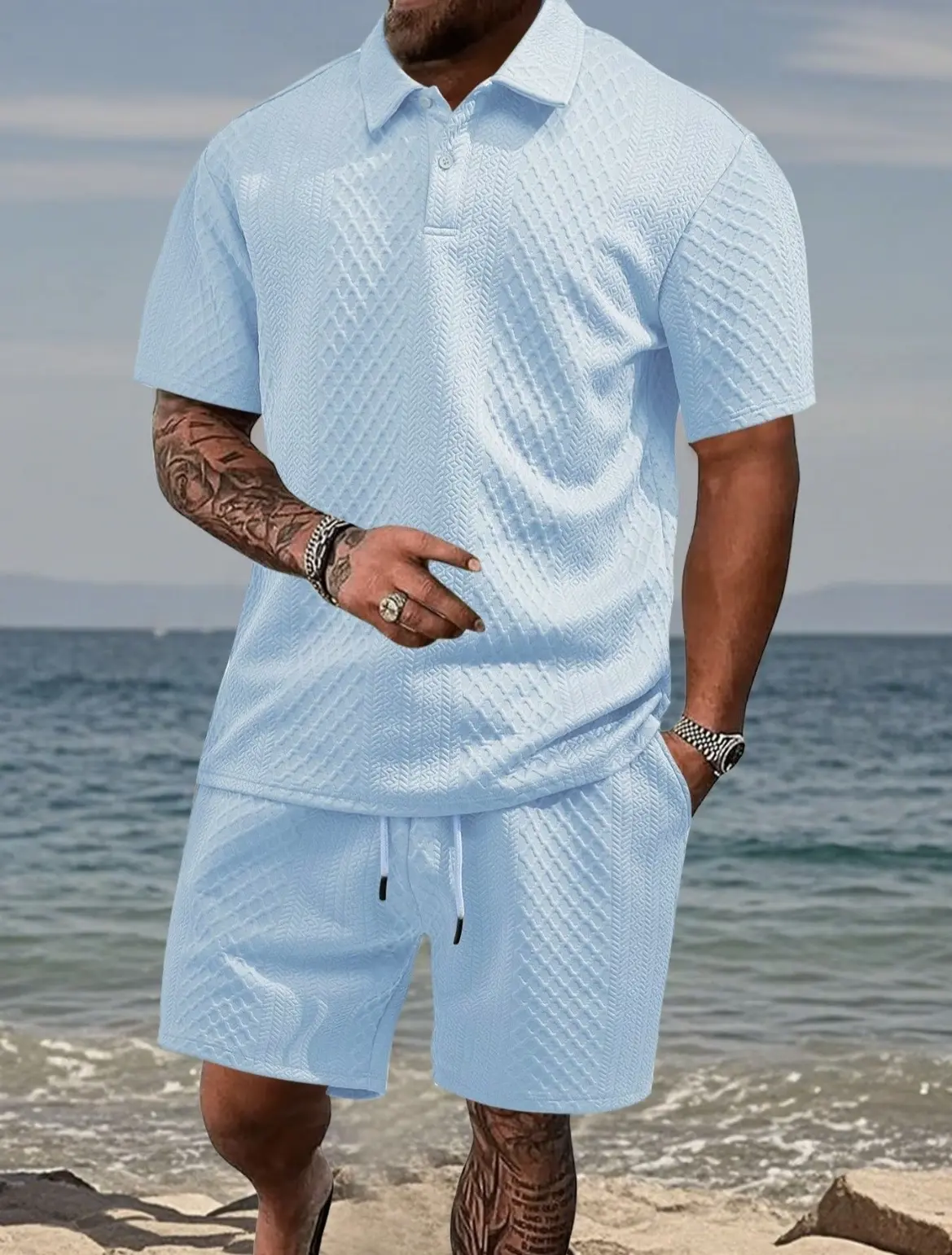 Men’s solid polo shirt and drawstring waist shorts set — a cozy, breathable two-piece outfit for everyday outdoor wear; men’s summer clothing., Menswear, Classic