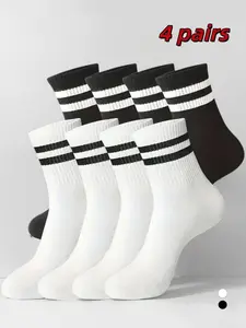 4 Pairs of Unisex Two-Stripe Mid-Calf Socks - Fitted, Breathable & Moisture-Wicking, Suitable for Sports, Casual, Business, and Work, Polyester-Spandex Blend, Black & White Color Scheme, Versatile Daily Wear, Striped, Sports Athletic Socks