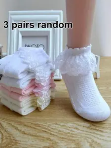 3 Pairs Girls' Lace Trim Socks, Comfortable Dance Socks, Princess Socks for Kids, Perfect for Dancing, Outdoor Activities, Fashionable Short Socks, Sock Set