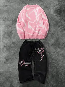 Men's Fashion Casual Two-Piece Set, Soft Comfortable Round Neck Sweater and Drawstring Straight Leg Pants, Spring Fall Winter Home Wear