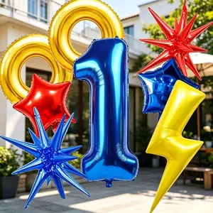 10-Piece Blue Gold Digital Aluminum Foil Balloon Set, 32-Inch Blue Number, Party Decor for Birthday, Superhero Theme, Outdoor Events
