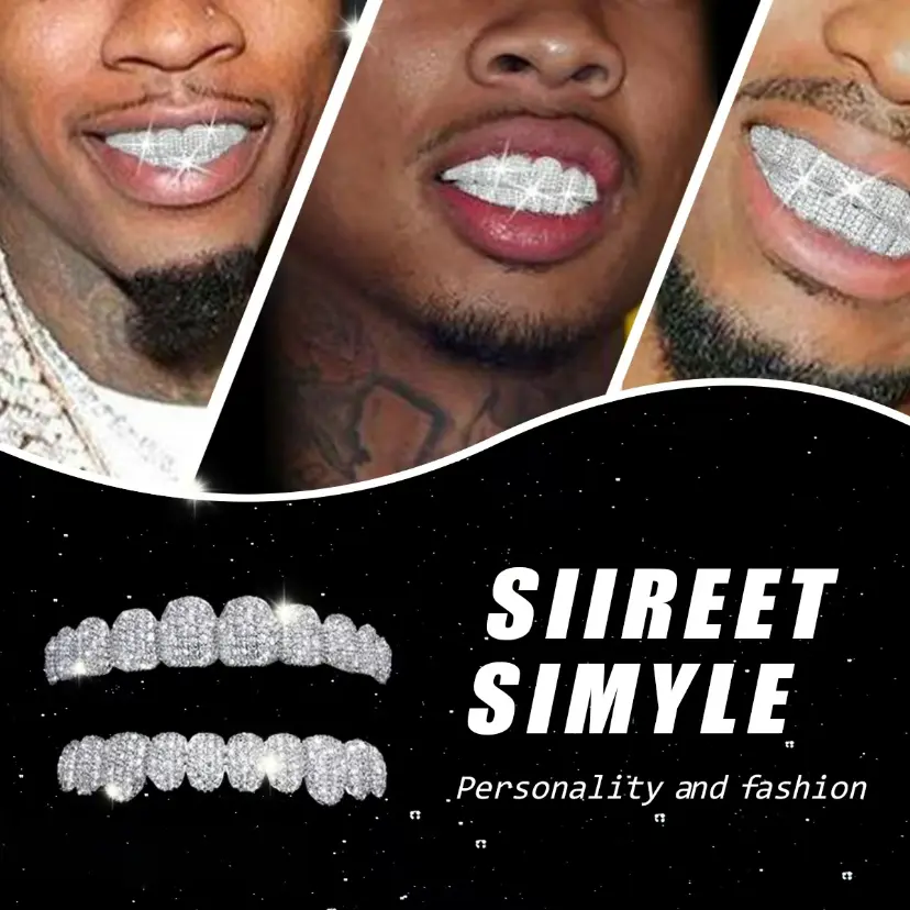 Cubic Zirconia Grillz - 10-Teeth Top & Bottom Set, Punk Style Fashion Accessory, Shine Enhancing Sparkle, Secure Custom Fit Silicone Molds, Easy Heat Adjustment, Soakable, 10x6x3cm for Rappers
