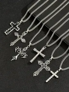 6Pcs Vintage Cross Pendant Necklace Men's Set, Stainless Steel Chain, Artificial Crystal Inlay, Hip Hop Punk Style, Daily Wear Party Decor Gift, Necklaces Men, Necklace Pendant Jewelry