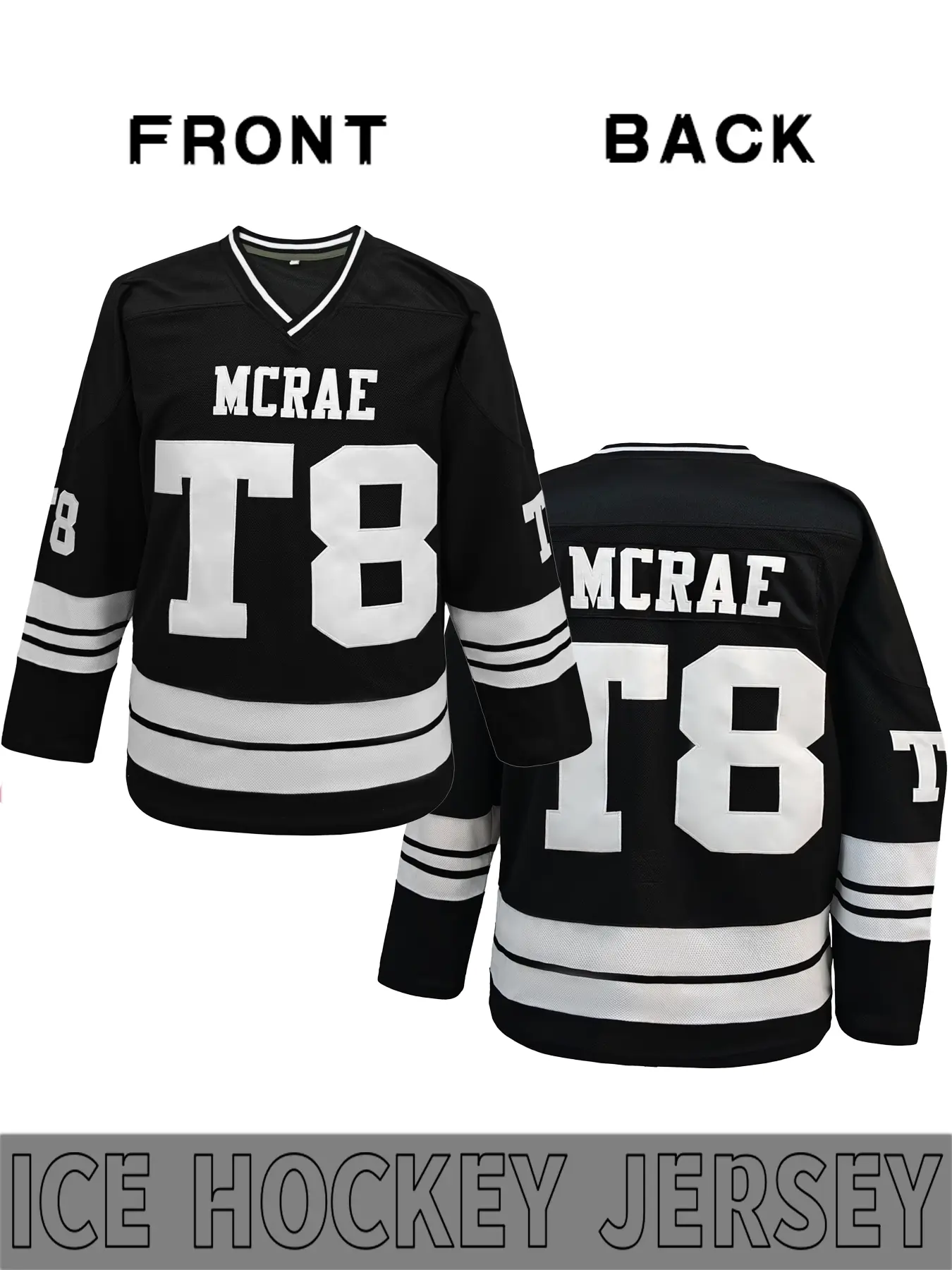 McRae T8 Black Orange Retro Hockey Jersey Street Style Ice Hockey Jacket, Embroidered Black Orange Contrast Splicing Design Colorblock Sport Long Sleeve Hockey Sweater, Embroidered Sportswear Top, Retro Hockey Street Style
