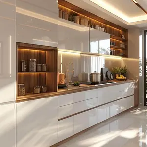 Customizable Modern Wooden Modular Kitchen Cabinets with Luxurious Marble Trim Eco-Friendly Fireproof High-End Home Kitchen Sets