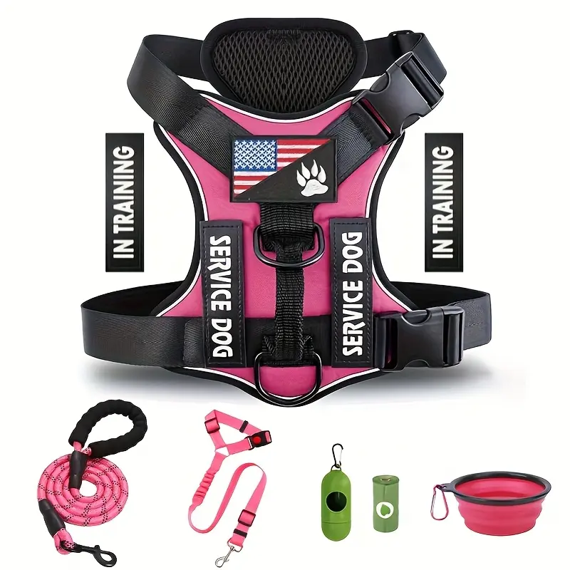 Adjustable Dog Vest Harness With 5 PCS Patches And Leash Set Includes Dog Seat Belt, Collapsible Bowls & Poop Bag Dispenser For Training, Walking, Hiking
