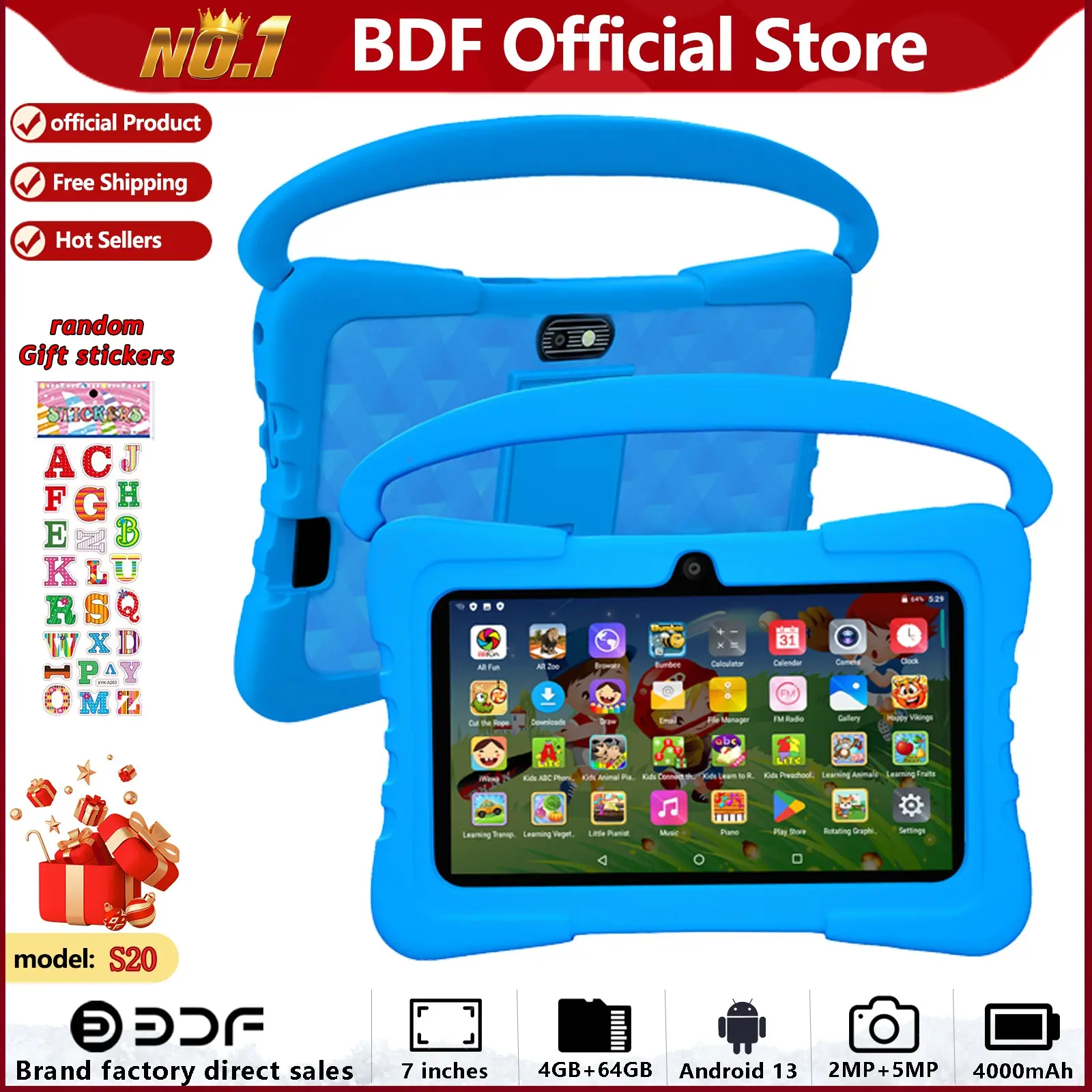 7-Inch Kids Touchscreen Tablet, Toddler Wireless Tablets, Quad-Core Android 13.0, 4GB RAM 64GB Storage, 1280x800 Resolution, Dual Cameras, WiFi Bluetooth-compatible, Parental Control, Tablet Pad