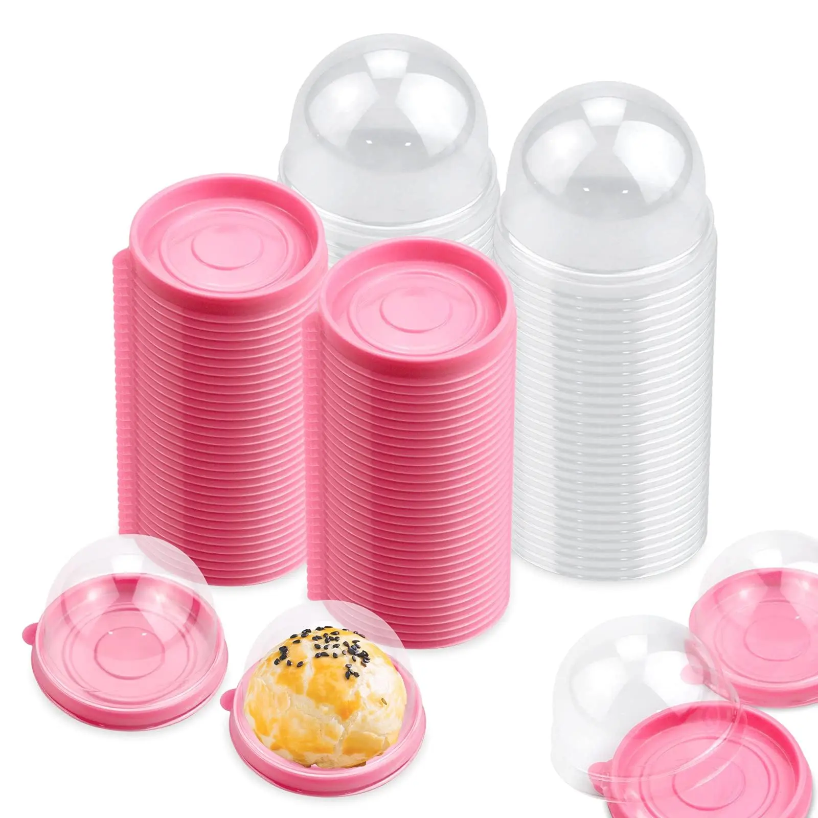 100 Set Mini Cupcake Boxes – 2.75" Round Pink Individual Muffin Containers with Clear Dome Lids, Disposable Plastic Holders for Wedding, Birthday, Mooncake, Pastry & Dessert Favors Bakeware Utensils
