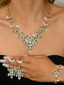 4-piece emerald green small leaf rhinestone pendant necklace jewelry set, aristocratic ladies' banquet party style jewelry set, Elegant jewelry set (1 necklace+2 earrings+1 bracelet)