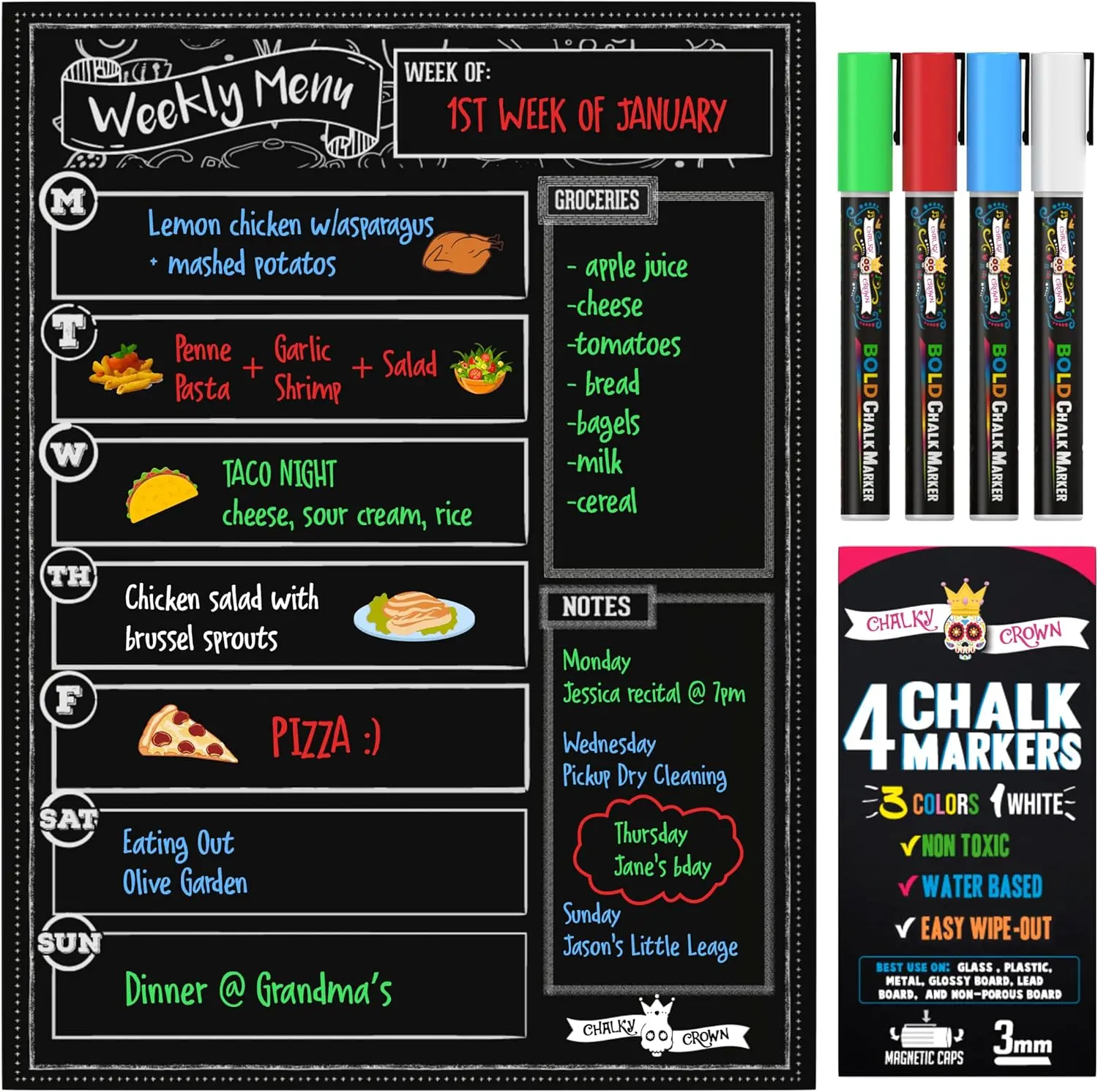 15.6x11.6in Magnetic Dry Erase Fridge Menu Board - Non Toxic, Easy to Clean, Easy Wipe-Out Office Stationery with 4 Liquid Chalk Markers, Chalky Promise Default Refrigerator Calendar, Weekly Meal Planner