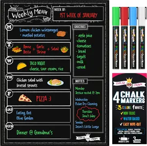 Magnetic Dry Erase Menu Board for Fridge Includes 4 Liquid Chalk Markers - Weekly Meal Planner Blackboard, Grocery List & Notepad