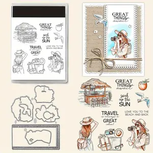 Vintage Travel Theme Stamp Set - Silicone and Metal Rectangular Stamps with Beach, Camping, and Sun Patterns - Suitable for Scrapbooking and Craft Making, Essential for Craft Making|Vintage Travel Design|Silicone Stamp