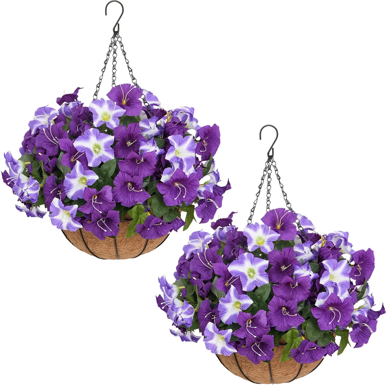 2 Pcs Artificial hanging plant and flower basket, perfect for spring and summer outdoor decoration. Features realistic silk morning glory flowers, UV-resistant, and suitable for porches, patios, balconies, and gardens.