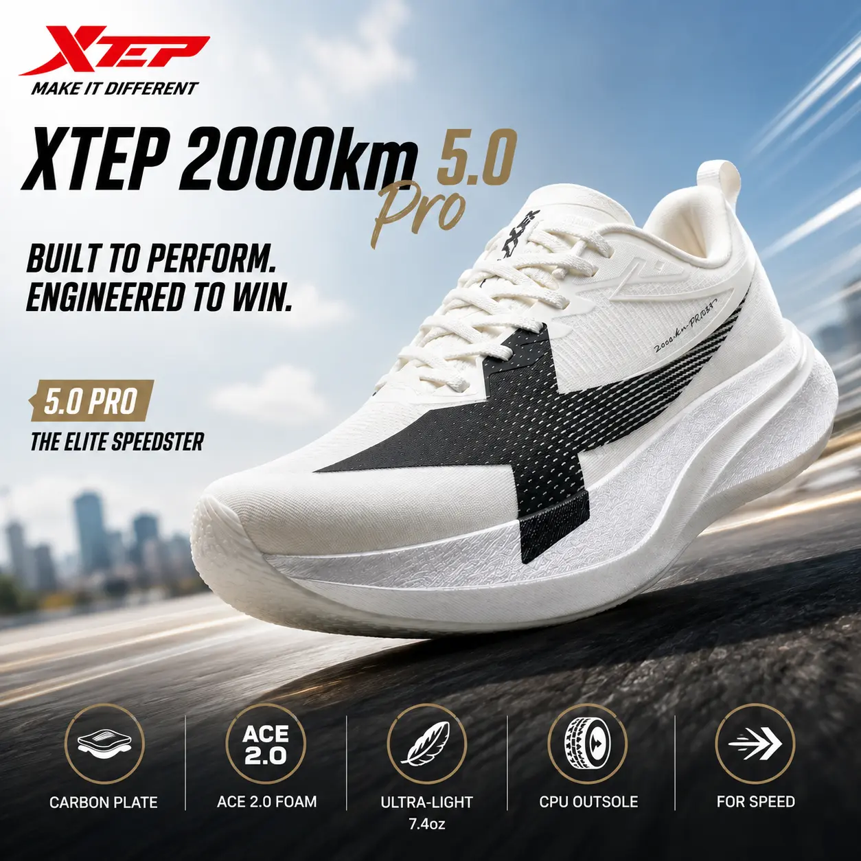 XTEP 2000km 5.0 Pro Men's Running Shoes,Sail white/black 5.0 Pro,Propulsion King,Max Energy Return,Featherlight Racing Spec and The Pro Edge