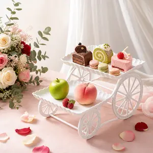 2-Tier White Plastic Cart-Style Cake Stand with Wheels - Portable Ruffled Dessert Display Table for Wedding Birthday Bridal Shower, Easy Assembly Cupcake Stand Serving Tray