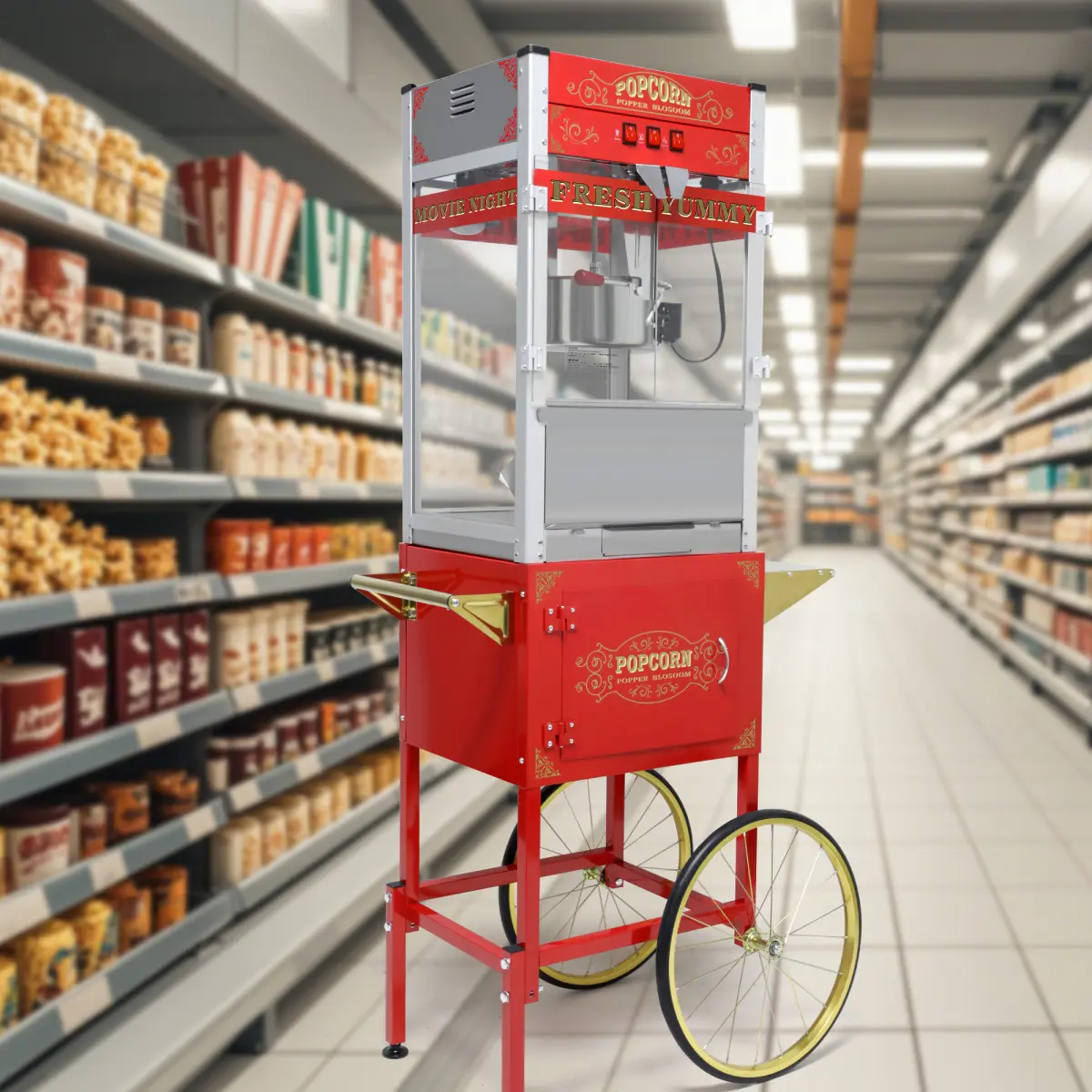 Stainless Steel Antique-Style Popcorn Machine with Cart, Bicycle-Style Wheels, Storage Cabinet, 1440-Watts Power, 20oz Capacity, 3-Switch Design, Safety Glass, Warmers/Stirrers for Parties, Businesses
