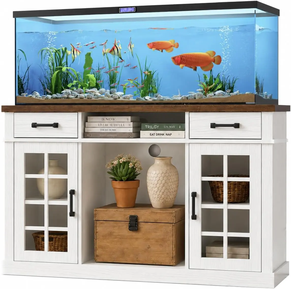 55-75 Gal Heavy-Duty Wood Fish Tank Stand, 1100LBS Capacity White Farmhouse Cabinet with Storage for Aquariums, Turtle Tanks, Reptile Terrariums unit