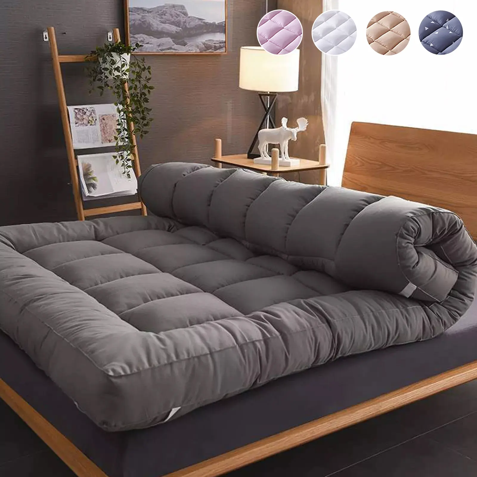 Soft Quilt Feather Mattress Topper Fitted Cooling Breathable Bed Protector Washable for College Dorm & Guest Room All Season Comfort