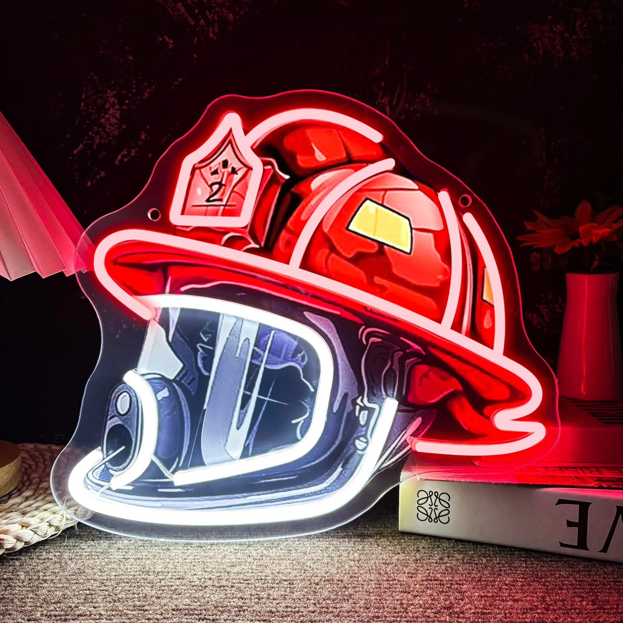 Firefighter Helmet Neon Light Adjustable Brightness, LED Fluorescent Art, USB Powered, Home Decor, Fire Station Wall Art, Firefighter Gift