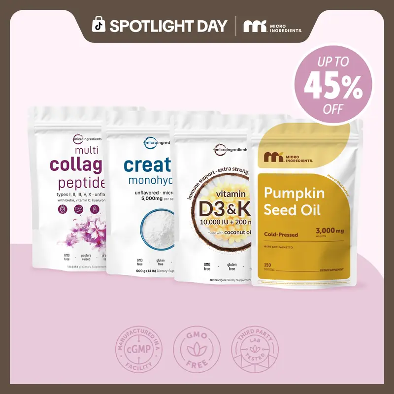 Micro Ingredients Hair & Muscle Nourish Bundle: Multi Collagen Peptides Powder 1LB, Creatine Powder 1.1LB, Vitamin D3K2 10,000IU 180 Softgels & Pumpkin Seed Oil 150 Softgels