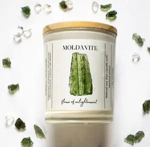 Moldavite Crystal Candle with Real Moldavite Inside, Coconut Wax & Other Personalized Channeled Crystals - Decor Light 3-Wick Candles - Ornaments