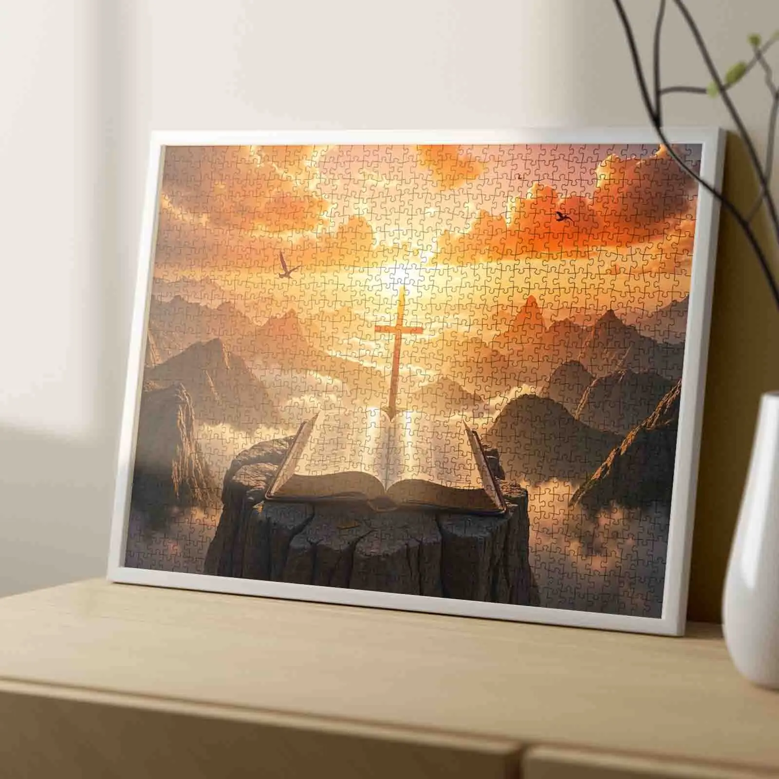 Sacred Cross and Open Bible 1000 Pieces Jigsaw Puzzle Relaxing Family Game for Brain Exercise Stress Relief Inspirational Faith Art Challenging Adult Puzzle Meaningful Wall Décor Thoughtful Gift for Friends and Seniors 27.5x20inch 70x50cm Jigsaw Puzzle