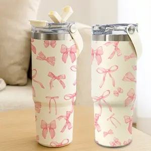 30oz Stainless Steel Vacuum Insulated Tumbler with Straw Handle, Cute Pink Bow Pattern, Double Wall Thermal Cup, Keep Hot 12H Cold 24H, Stylish Drinkware for Women, Perfect Birthday or Holiday Gift