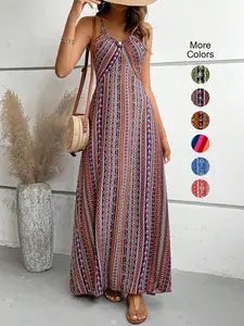 Women's Boho Long Dress with All-Over Print, Backless Crisscross Straps, Sleeveless, Thin Woven Fabric, Fitted Design, Casual, Bohemian, Summer, Perfect for All Seasons