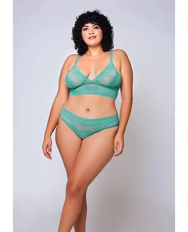 Women's Plus Size Teal 2-Piece Lingerie Set - Soft Cup Geometric Lace Bralette with Matching Hipster, Nylon-Spandex-Elastane Fabric, 1X, Bust 40in.-44in, Do Not Bleach