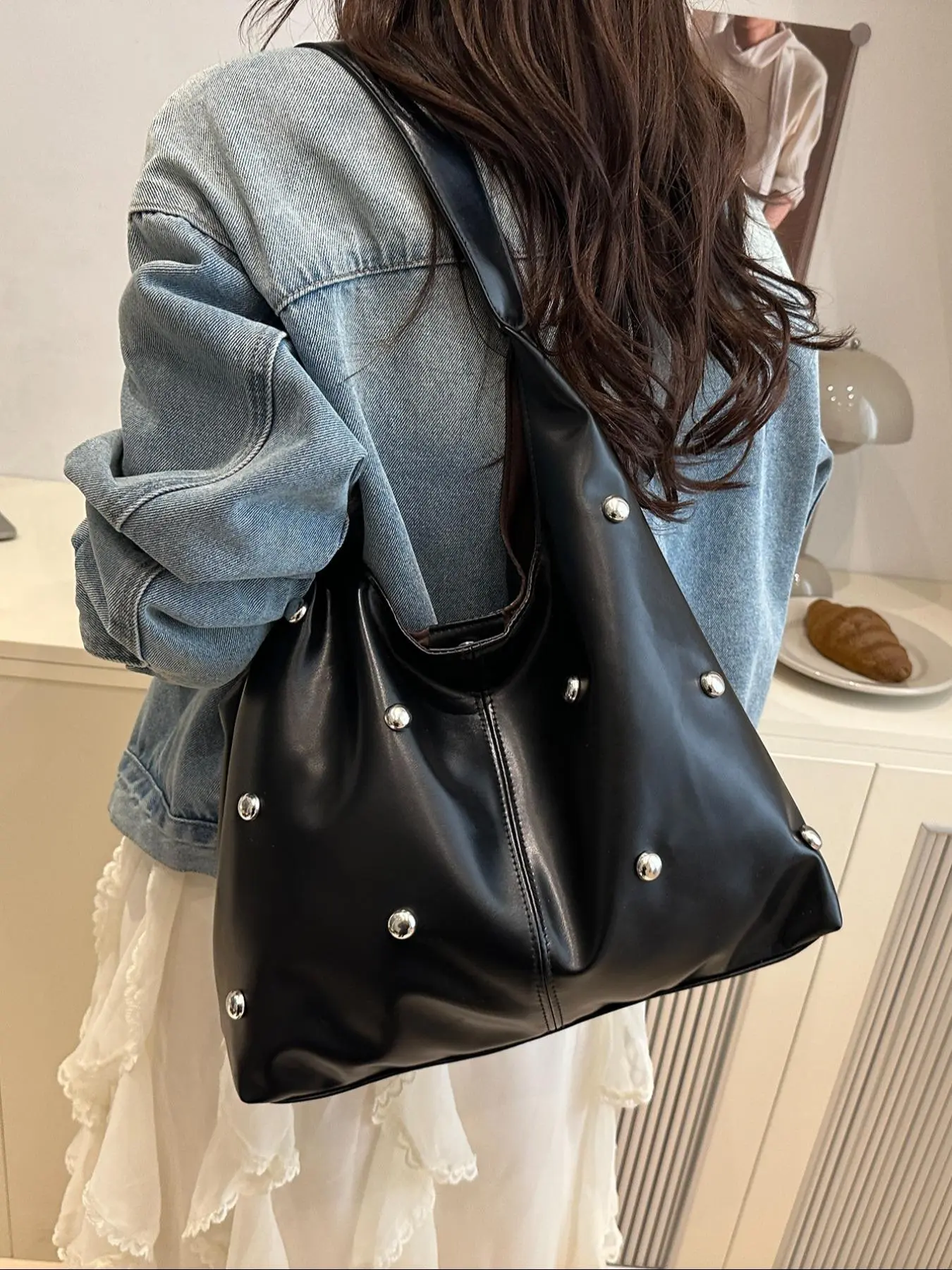 Women's Elegant Studded Decor Shoulder Bag, Fashionable Denim Crossbody ...