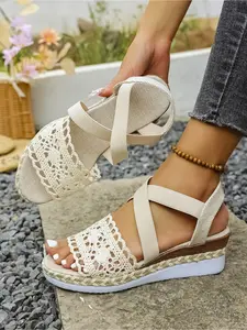 Women's new plus-size round-toe lace breathable hollow cross-strap elastic wedge sandals for outdoor wear, stylish, simple, comfortable, suitable for daily commuting, versatile wedge thick-soled sandals, Espadrille Wedge Sandals